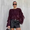 Blusa de Gasa Elegante Color Borgoña con Cuello Redondo y Volantes Estilo Retro Francés para Mujer Diseño Primavera 2026