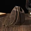 Bolsa de Moedas de Couro com Cera de Óleo e Cordão Estilo Retrô Mini Couro Macio Pequena Bolsa da Sorte Couro Integral Joias Moedas Carteira Pequena