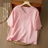 Verão 2026 Novo Vintage Artístico Algodão Linho Bordado Pesado Camisa Gola V Solta Emagrecedora Versátil Top Feminino