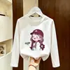 Roupas Casuais Estilosas para Crianças Primavera e Outono 2026 Moda Feminina Camiseta de Manga Longa Menininhas Algodão Puro Desenho Animado Camisa Básica de Outono
