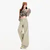 Jeans para Mujer Holgados de Pierna Ancha Plisados Retro Puro Algodón Largo Hasta el Suelo Color Té con Leche Pantalones Largos Color Té con Leche Extendido Yi Chun
