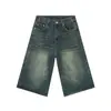 Nuevos Shorts de Mezclilla Rectos de Tres Cuartos Lavados Vintage Desgastados de Ajuste Holgado para Hombre, Verano 2026, Ajuste Holgado, Azul Oscuro de Moda