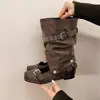 Sapatilhas retrô pintadas à mão com bico de porco para mulheres, novo modelo 2026 com fivela, sapatos Mary Jane estilo deserto