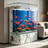 Nuevo acuario de cristal ultra transparente, tamaño mediano a grande, para uso doméstico en la sala de estar, montado en la pared, acuario de forma curva, no necesita cambios de agua, tanque grande curvo de pie