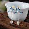 Pendientes de plata de ley S925 bañados en oro con diseño de ciervo, estilo chino retro, con diseño de loto y jade hetiano.