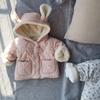 Estilo coreano bebê menina vestido de algodão acolchoado forrado de lã inverno espessado orelhas de coelho encapuzado desenhos animados quente moda Cardigan jaqueta de algodão acolchoada