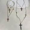 Colar de Pérola com Cruz Cravejada de Diamantes Multi-Camadas Estilo Francês Levemente Luxuoso Doce Cool Moda Europeia e Americana Personalidade Única Corrente para Clavícula Novo Modelo