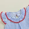 Vestido de Verano para Niña, Dulce, Moderno y Súper Lindo, Cuadros con Bordado de Frutas de Dibujos Animados, Encaje, Mangas Volantes, Vestido de una Pieza