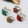 Anillo de Plata de Ley S925 Ágata Doble Felicidad Hojas de Ginkgo Anillo Vintage Antiguo para Dedo Índice Joyería