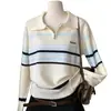 Suéter de malha com gola polo listrada color block estilo coreano, com zíper, nova moda outono e inverno, versátil, pronto para envio, suéter personalizado