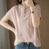 Estilo novo de verão, top sem mangas de malha de algodão puro, com três botões, bainha enrolada e capuz, camiseta solta estilo coreano, decote V semiaberto, roupas femininas