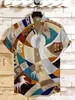Camisa Creativa para Hombre con Cuello Mao, con Elementos de Estampado de Grulla Animal, Corte Holgado para Verano, de Lino con Mangas Cortas