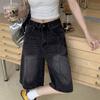 Pantalones Capri de mezclilla negros y grises retro americanos para mujer, Verano Nuevo Cintura alta Petite Rectos Pierna ancha