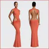 Elegante y versátil vestido para mujer con cuello semi-alto, sin mangas, corte ajustado, diseño de huecos, sexy, moderno, que revela la cintura, espalda descubierta, vestido largo