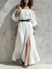 Vestido Longo Feminino Europeu e Americano Amazon 2026 de Um Ombro Barra Larga Cinto Fenda Outono Nova Chegada com Cinto