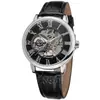 Reloj Mecánico Manual de Moda Retro Transparente Calado para Hombre Forsining con Correa Negra, Caja Dorada y Esfera Blanca