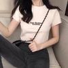 Camiseta de Algodón Acanalada de Manga Corta para Mujer, Nuevo Estilo de Verano, Hombro Normal, Cuello Redondo, Corte Ajustado, Corta, Petite, Top Versátil, Ins