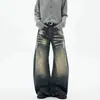 Marca independente Jeans vintage americano com estampa de raio e efeito desgastado, orelhas de gato, para homens e mulheres, silhueta afunilada niche, calça foice lavada