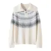Suéter de Cachemira Jacquard Fair Isle con Media Cremallera y Cuello Alto para Mujer, Suéter de Punto Geométrico Holgado de Manga Larga para Otoño e Invierno