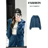 Conjunto de jaqueta moletom com capuz esportivo casual azul e calça para mulheres, novo conjunto estilo coreano outono 2026