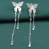 Brincos de borboleta com franja em prata de lei S925, modernos, simples, lisos, prateados, longos, design exclusivo, brincos de pino de orelha, brincos