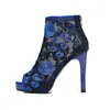 Sandálias Vazadas Primavera e Verão, Salto Super Alto Estilo Chinês Bordado Retrô, Salto Agulha Sexy Peep-Toe com Zíper Traseiro, Em Estoque