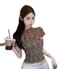 5253 # Estilo Veraniego Nuevo Estilo Chica Popular Estilo Cuello Semi Alto Estampado de Lunares Patchwork Camiseta de Manga Corta para Mujer Corte Ajustado con Almohadilla Fija en el Pecho