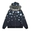 Sudadera con capucha y estampado integral de estrellas para hombre, marca de tendencia europea y americana, estilo casual holgado de primavera y otoño con cuello de pelo y cremallera