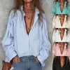 Camisa Casual Corta para Mujer 2026 Transfronteriza Azul Claro Cuello Solapa Solapa Única con Pliegues en los Hombros y Mangas Largas Tipo Linterna Elásticas