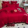 Conjunto de quatro peças para casamento, 100% algodão, vermelho vivo, para camas de noivos, incluindo lençóis e fronhas de edredom, alta qualidade, algodão puro, perfeito para o quarto de recém-casados