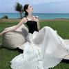 Vestido de verano 2024 con tirantes finos, plisado y estampado industrial en blanco y negro francés, falda larga de nuevo diseño