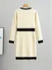 Vestido de tricô slim fit novo para primavera e outono transfronteiriço, para uso interno e externo feminino, comprimento médio, manga longa, saia base para quadril