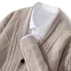 Abrigo engrosado 100% lana para otoño e invierno para hombre, con diseño de punto trenzado, estilo cárdigan, bolsillos, cuello en V, corte holgado, estilo casual y calidez similar a la del cachemir
