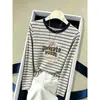 Camiseta de Manga Larga a Rayas Colorblock Hombro Normal 100% Algodón Moda Femenina Versátil Base Azul Marino Otoño