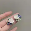 Aretes de Botón de Rosa de Cerámica de Pintura al Óleo Retro Francés de Aguja de Plata S925 Elegantes Elegantes con Sentido de Diseño Pastoral