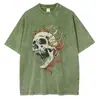 [Transfronterizo 230g] Camiseta con Patrón de Calavera en Llamas Peso Pesado Algodón Puro Lavada al Ácido Hombro Caído Retro