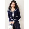 Chaqueta Cardigan Tejida Estilo Retro Francés Chanel para Mujer Nueva Llegada Azul Xizang Cuello Marino Suéter Holgado Top de Manga Larga