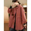 Abrigo de Algodón Engrosado de Cáñamo Lavado Vintage para Mujer con Bolsillos Grandes, Chaqueta Acolchada Acolchada de Longitud Media, Chaqueta Cálida Acolchada de Algodón para Invierno