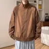 Jaqueta de trabalho marrom com gola alta para homens, top casual retrô solto de outono, jaqueta da moda estilo americano para adolescentes
