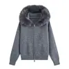 Canção de Amor de Inverno~ Cardigan de Tricô Waffle com Gola Grande de Pelo Atmosférica Zíper Duplo Casaco Suéter Casual Versátil