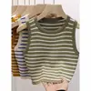 Verano para Mujer Estilo Coreano Nuevas Llegadas Ropa Exterior Tejido Sin Mangas Top Corto Ajustado Cuello Redondo Top sin Mangas Rayado