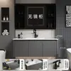Gabinetes de baño de aluminio tipo panal SPC color blanco crema con esquinas redondeadas combinación de gabinete para lavabo de cerámica lavabo