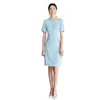 Vestido Feminino Elegante Profissional Azul Claro Slimming de Manga Curta com Gola Franzida para Verão, Uniforme de Trabalho para Salão de Beleza