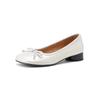 Ampla para Pés Largos Estilo Fada Pele de Ovelha Laço Primavera 2025 Salto Baixo Grosso Bico Quadrado Grande Couro Integral Boca Rasa Sapatos de Camada Única para Mulheres