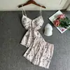 Pijama de Seda de Hielo para Mujer Primavera y Verano Estilo Dulce y Lindo Conjunto de Shorts con Tirantes y Almohadilla en el Pecho Ropa de Casa Sexy para Mujer