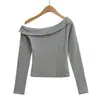 Camiseta Tendência Manga Longa Ombro a Ombro para Mulheres, Estilo Simples, Caimento Justo, Camiseta Básica Estilosa