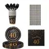 Decoración Navideña Temática de Cumpleaños 60-50-40 Negro y Dorado Casual Set de Platos y Vasos Desechables