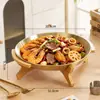Hecho a Medida de Fábrica Marco de Bambú de Patas Altas Placa de Acero Inoxidable con Fondo Plano, Plato para Mariscos, Plato Redondo para Barbacoa, Plato Redondo para Pizza de Cocina, Plato para Frutas