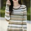 Camiseta de punto de bloque de color a rayas de estilo suave nuevo para Primavera y Otoño 2025 para mujer, cuello redondo, suéter fino, top exterior