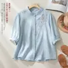 Camisa Bordada de Linho e Gaze Dupla Camada Verão Mãe Estilo Artístico Novo Cardigan Manga Curta Solto Meia-Manga Top Camisa Feminina